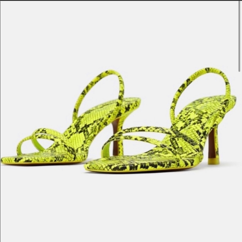 Zara Green Snake Skin Low Heeled Strappy Square Neon Green Sandals